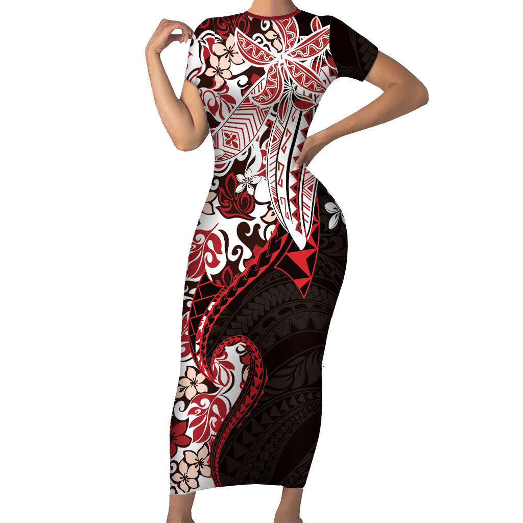 Monstera Plumeria Flowers Red Short Sleeve Bodycon Dress Polynesian Pattern