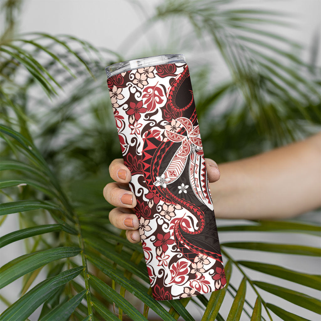 Monstera Plumeria Flowers Red Skinny Tumbler Polynesian Pattern