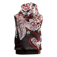 Monstera Plumeria Flowers Red Sleeveless Hoodie Polynesian Pattern