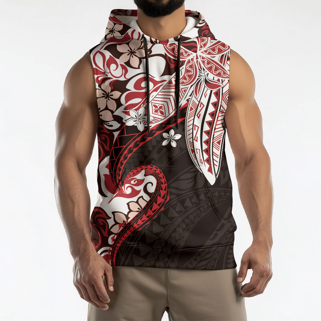 Monstera Plumeria Flowers Red Sleeveless Hoodie Polynesian Pattern