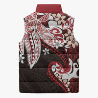 Monstera Plumeria Flowers Red Sleeveless Puffer Jacket Polynesian Pattern