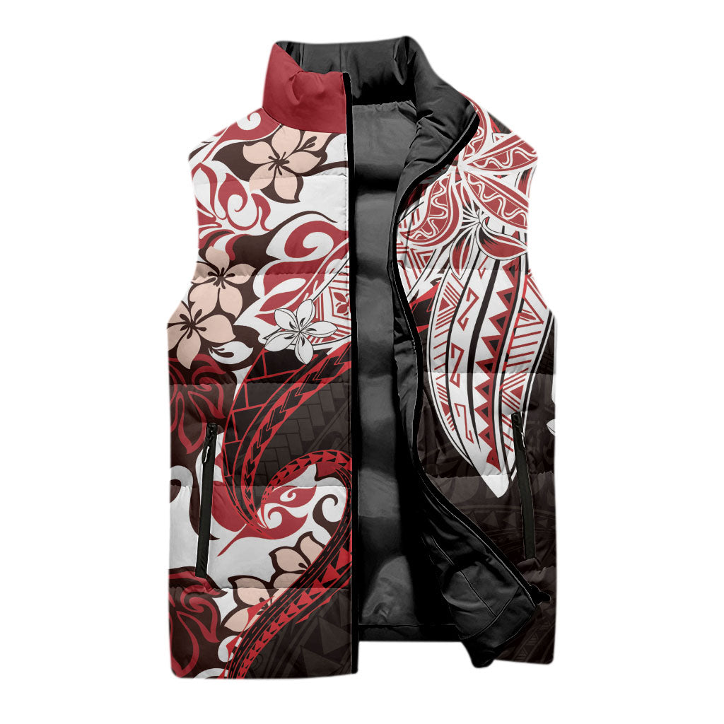 Monstera Plumeria Flowers Red Sleeveless Puffer Jacket Polynesian Pattern