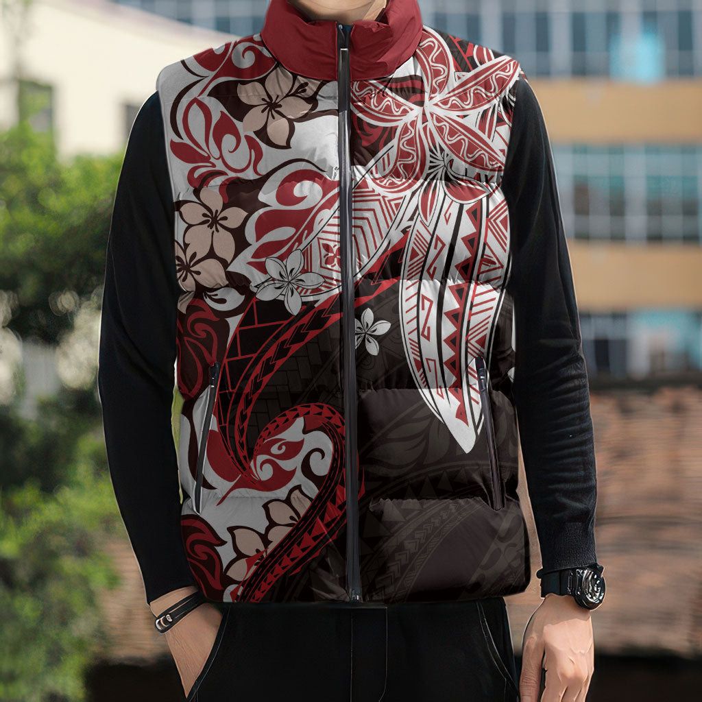 Monstera Plumeria Flowers Red Sleeveless Puffer Jacket Polynesian Pattern