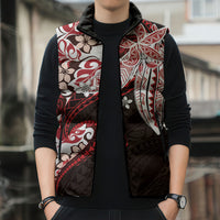 Monstera Plumeria Flowers Red Sleeveless Puffer Jacket Polynesian Pattern