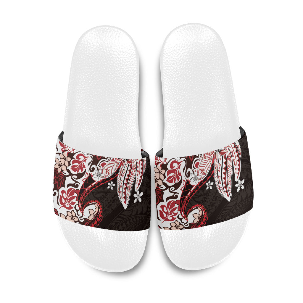 Monstera Plumeria Flowers Red Slide Sandals Polynesian Pattern