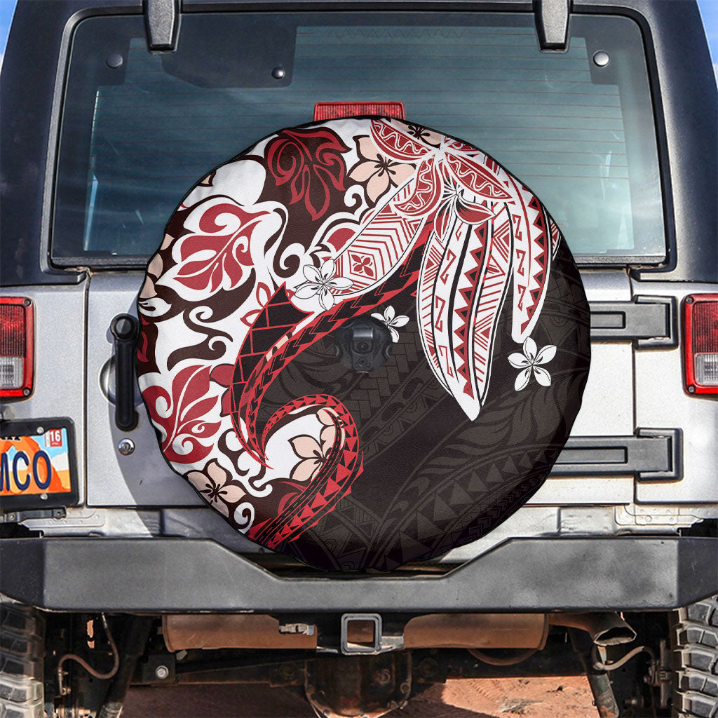 Monstera Plumeria Flowers Red Spare Tire Cover Polynesian Pattern