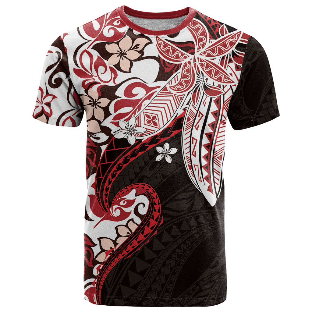 Monstera Plumeria Flowers Red T Shirt Polynesian Pattern