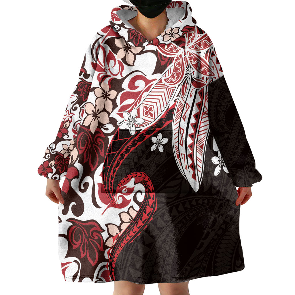 Monstera Plumeria Flowers Red Wearable Blanket Hoodie Polynesian Pattern