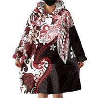 Monstera Plumeria Flowers Red Wearable Blanket Hoodie Polynesian Pattern