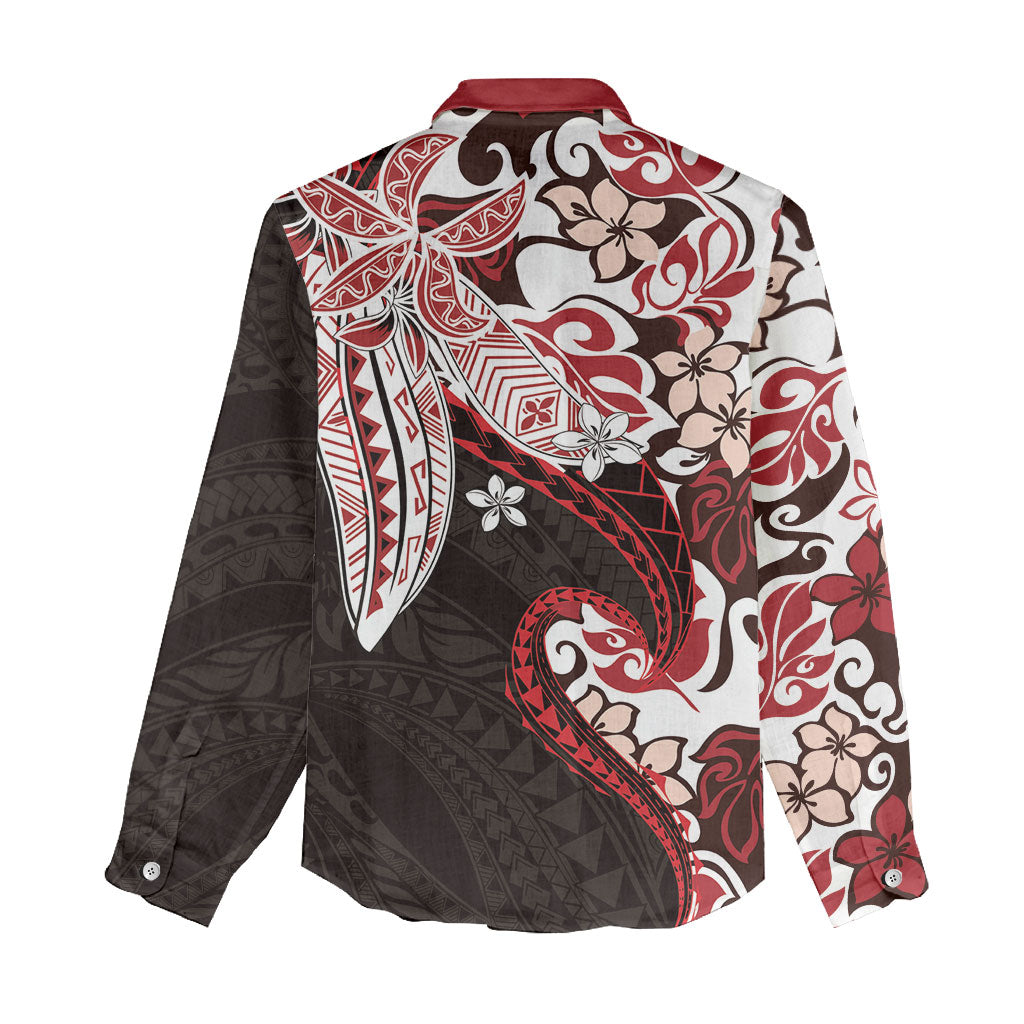 Monstera Plumeria Flowers Red Women Casual Shirt Polynesian Pattern