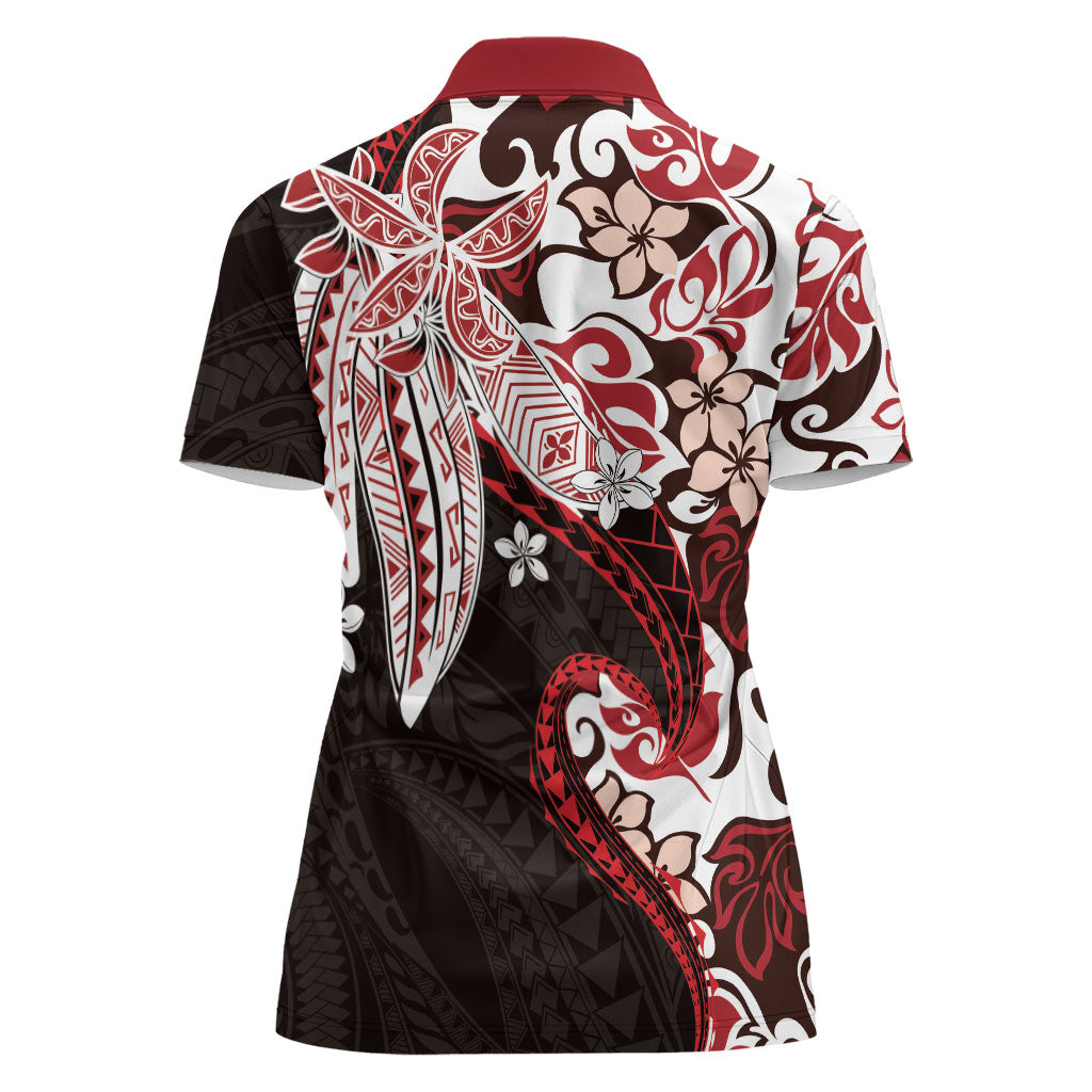 Monstera Plumeria Flowers Red Women Polo Shirt Polynesian Pattern