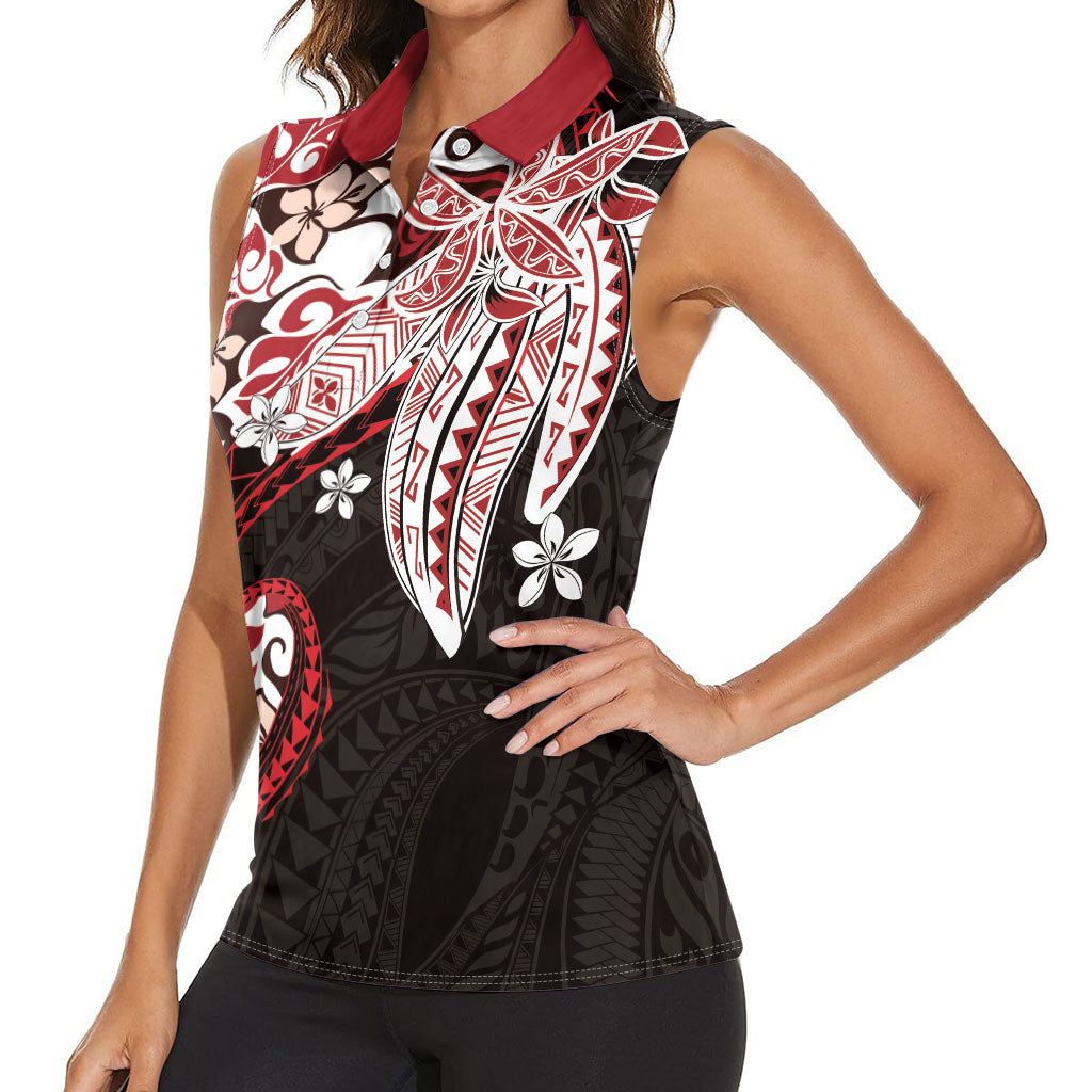 Monstera Plumeria Flowers Red Women Sleeveless Polo Shirt Polynesian Pattern