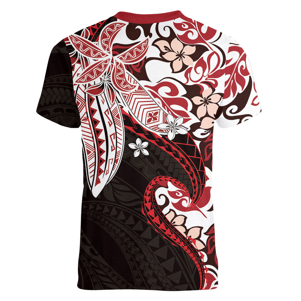 Monstera Plumeria Flowers Red Women V-Neck T-Shirt Polynesian Pattern