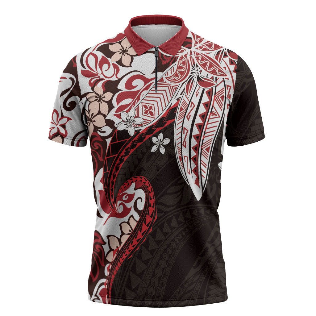 Monstera Plumeria Flowers Red Zipper Polo Shirt Polynesian Pattern