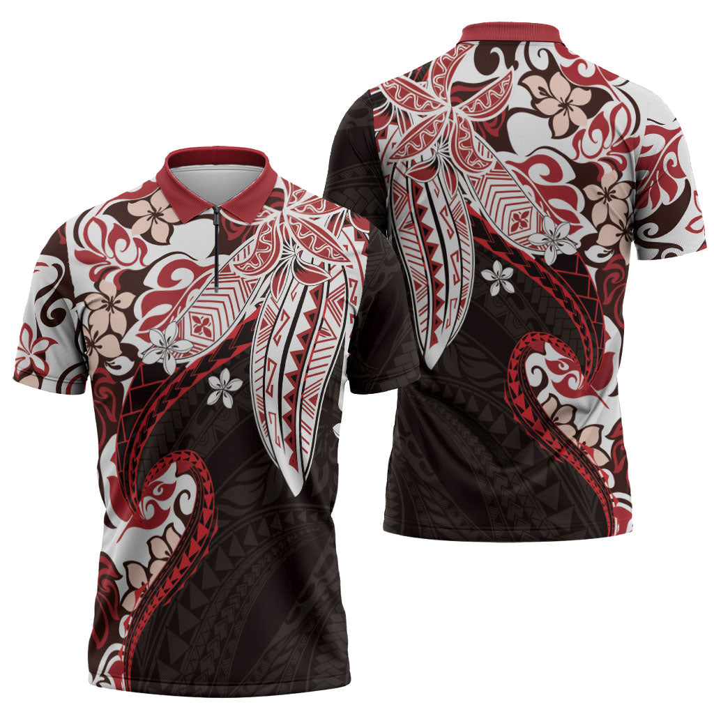 Monstera Plumeria Flowers Red Zipper Polo Shirt Polynesian Pattern