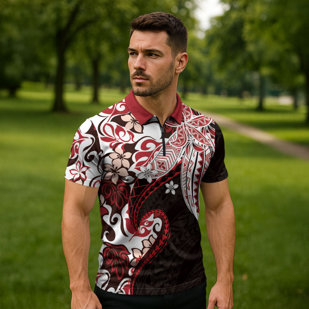 Monstera Plumeria Flowers Red Zipper Polo Shirt Polynesian Pattern