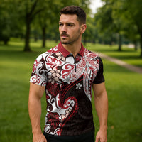 Monstera Plumeria Flowers Red Zipper Polo Shirt Polynesian Pattern
