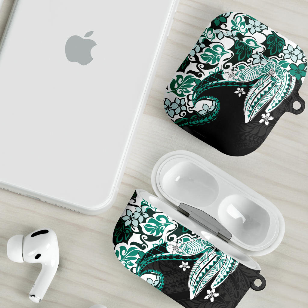 Monstera Plumeria Flowers Teal AirPods Case Polynesian Pattern