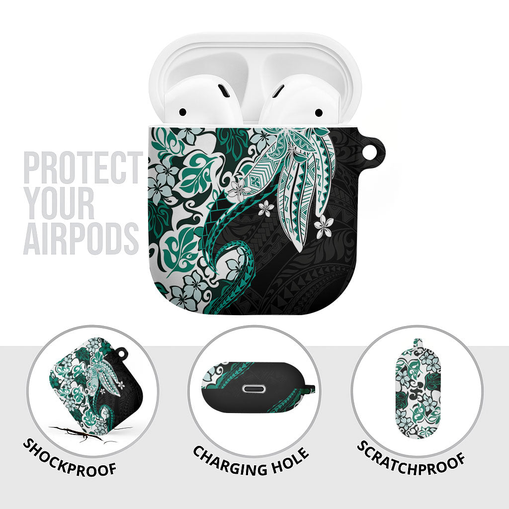 Monstera Plumeria Flowers Teal AirPods Case Polynesian Pattern