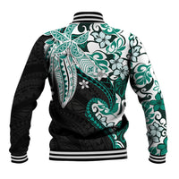Monstera Plumeria Flowers Teal Baseball Jacket Polynesian Pattern