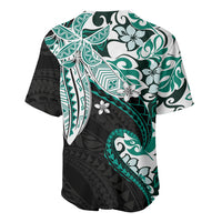 Monstera Plumeria Flowers Teal Baseball Jersey Polynesian Pattern