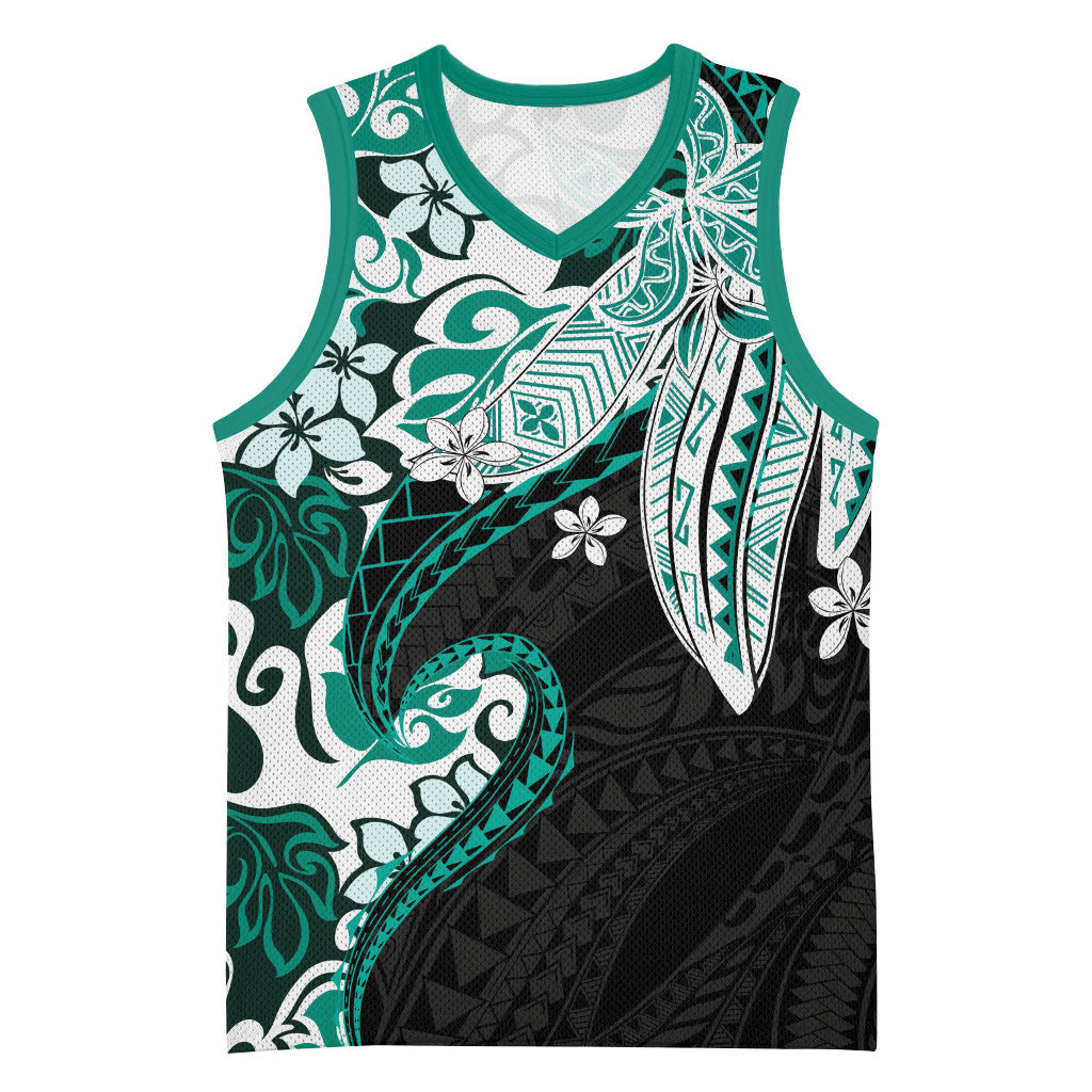 Monstera Plumeria Flowers Teal Basketball Jersey Polynesian Pattern