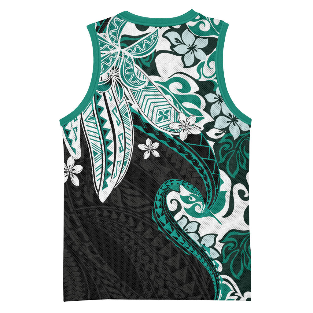 Monstera Plumeria Flowers Teal Basketball Jersey Polynesian Pattern