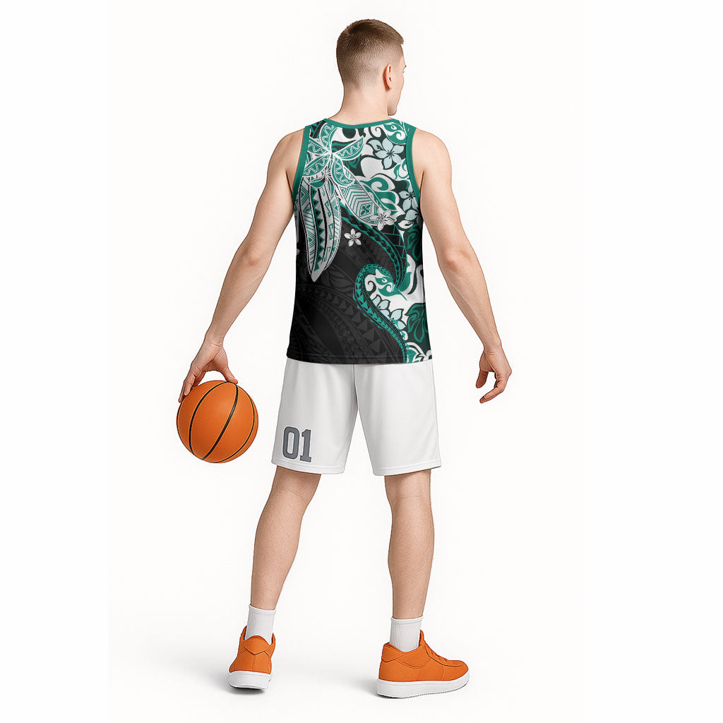 Monstera Plumeria Flowers Teal Basketball Jersey Polynesian Pattern