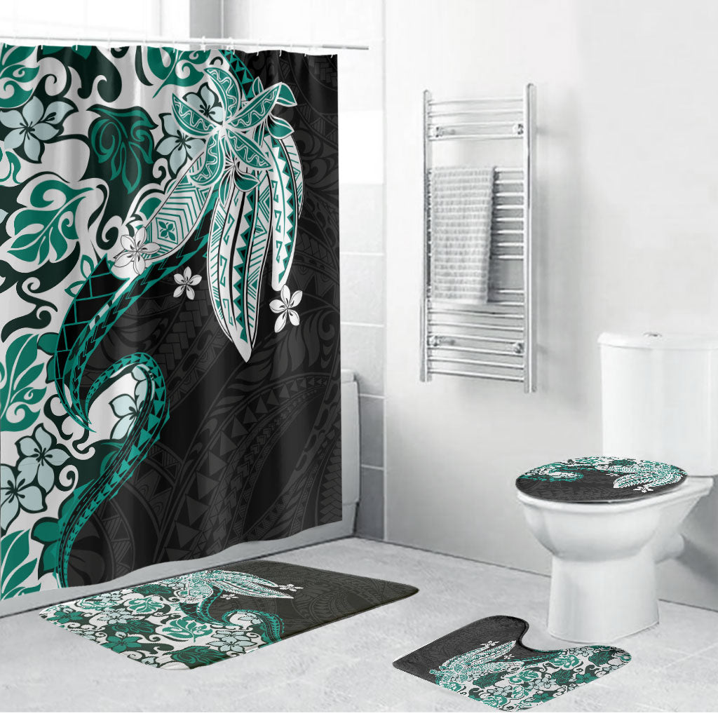 Monstera Plumeria Flowers Teal Bathroom Set Polynesian Pattern