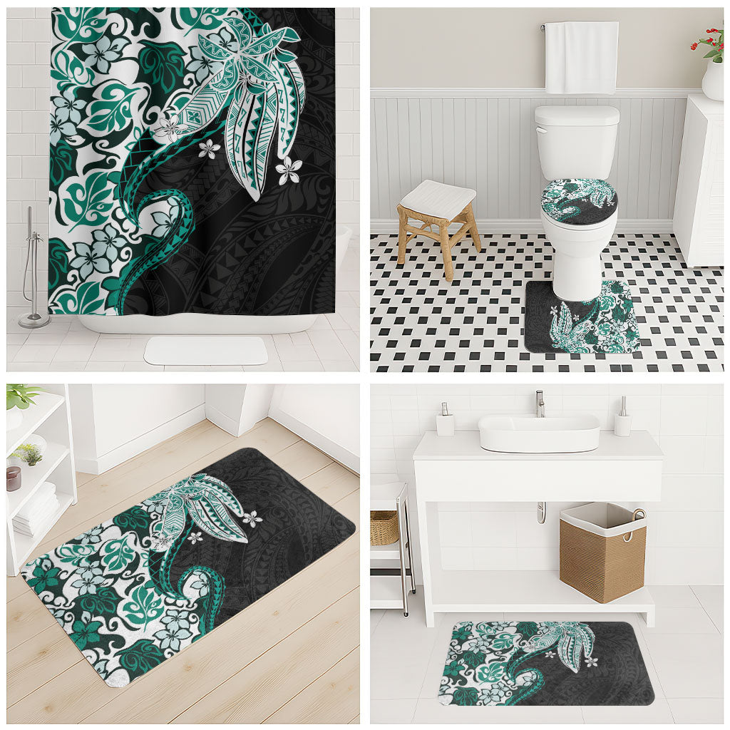 Monstera Plumeria Flowers Teal Bathroom Set Polynesian Pattern