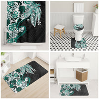 Monstera Plumeria Flowers Teal Bathroom Set Polynesian Pattern
