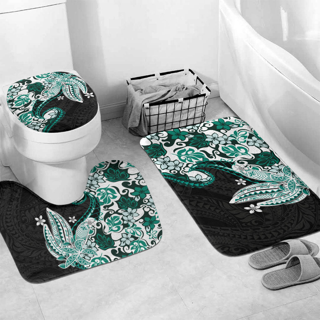 Monstera Plumeria Flowers Teal Bathroom Set Polynesian Pattern
