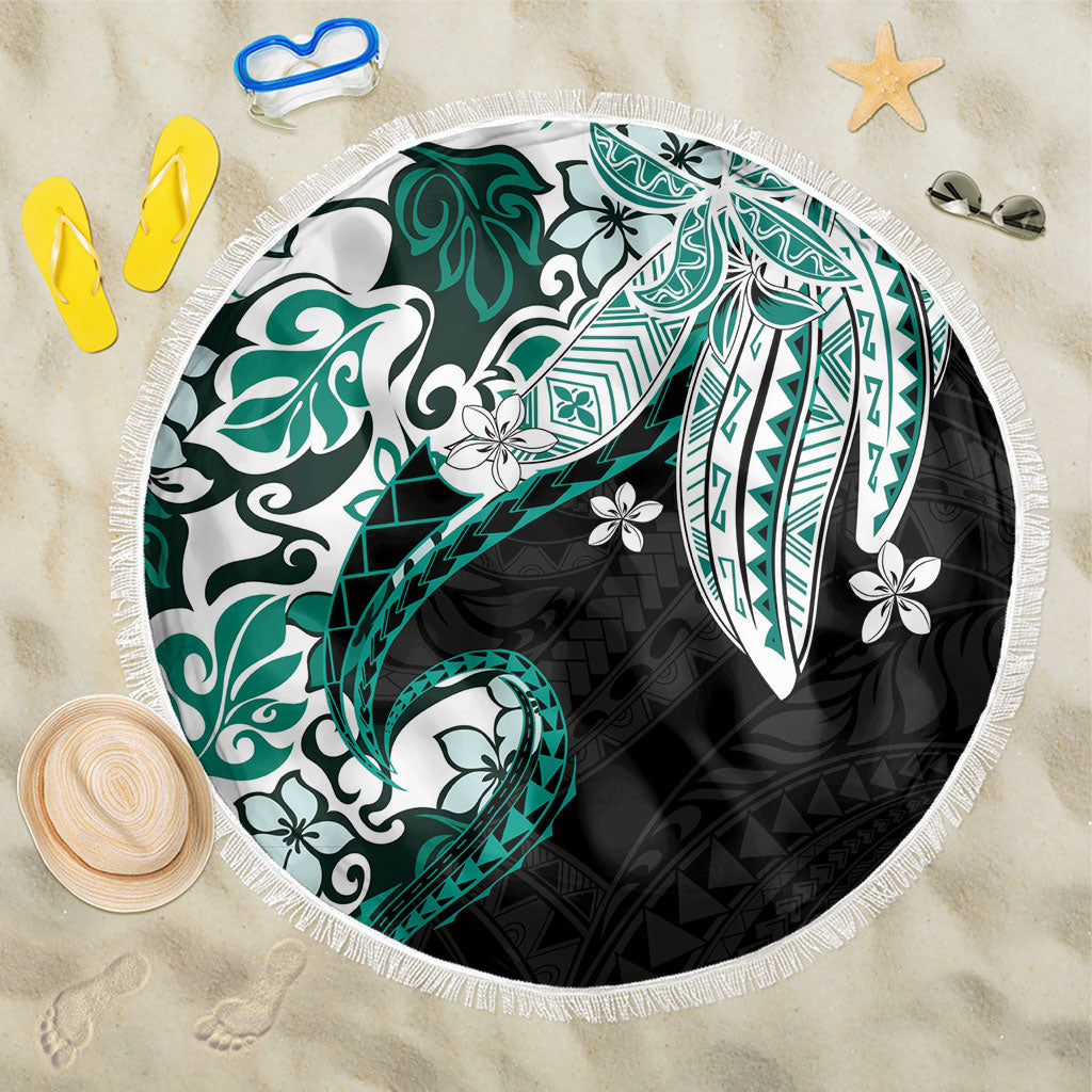 Monstera Plumeria Flowers Teal Beach Blanket Polynesian Pattern
