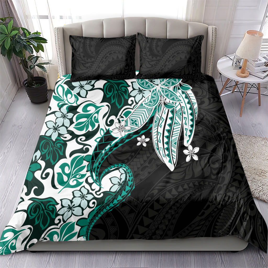 Monstera Plumeria Flowers Teal Bedding Set Polynesian Pattern