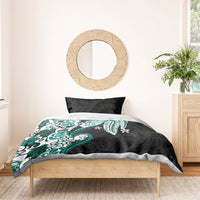 Monstera Plumeria Flowers Teal Bedding Set Polynesian Pattern