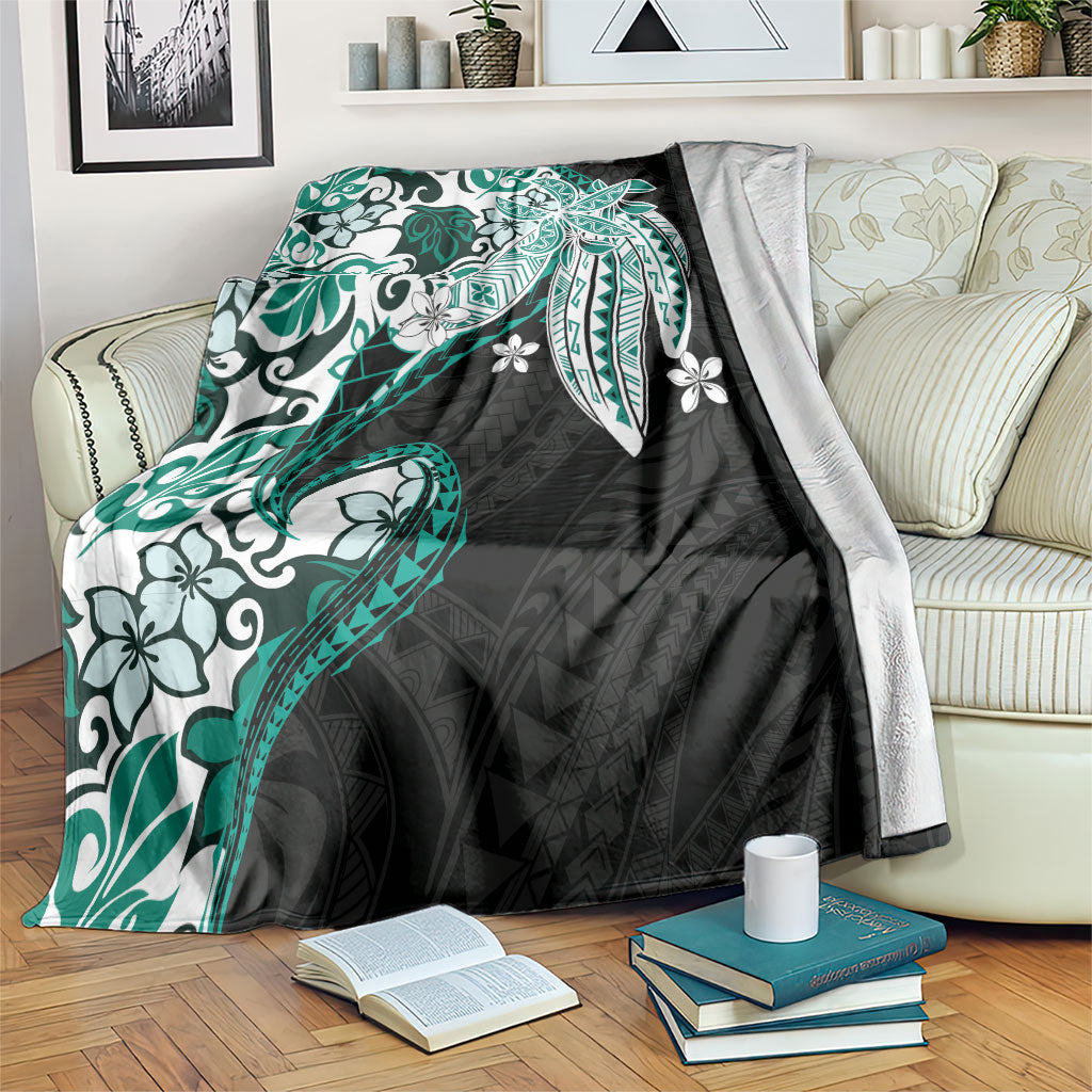 Monstera Plumeria Flowers Teal Blanket Polynesian Pattern