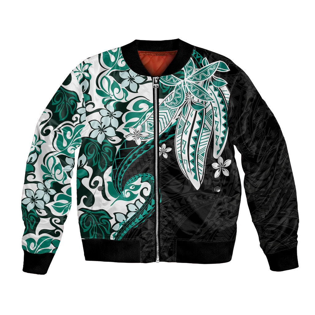 Monstera Plumeria Flowers Teal Bomber Jacket Polynesian Pattern