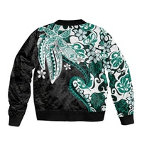 Monstera Plumeria Flowers Teal Bomber Jacket Polynesian Pattern