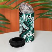 Monstera Plumeria Flowers Teal 4 in 1 Can Cooler Tumbler Polynesian Pattern