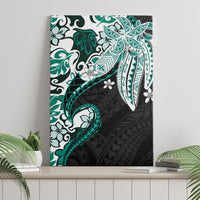 Monstera Plumeria Flowers Teal Canvas Wall Art Polynesian Pattern