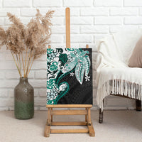 Monstera Plumeria Flowers Teal Canvas Wall Art Polynesian Pattern