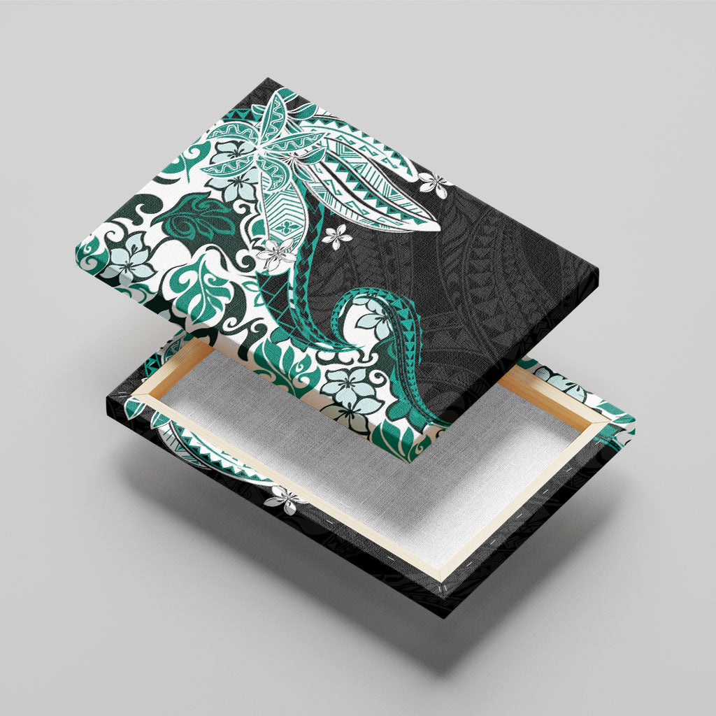Monstera Plumeria Flowers Teal Canvas Wall Art Polynesian Pattern