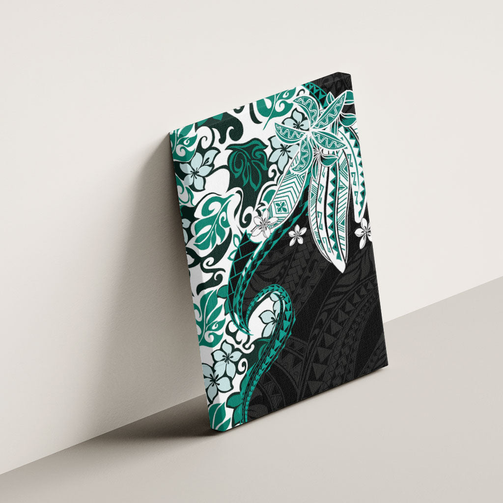 Monstera Plumeria Flowers Teal Canvas Wall Art Polynesian Pattern