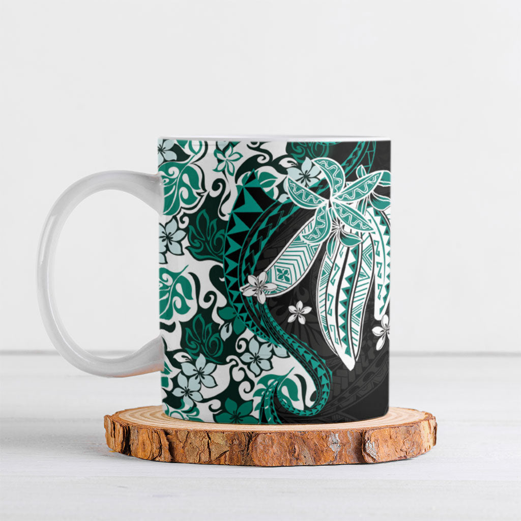 Monstera Plumeria Flowers Teal Ceramic Mug Polynesian Pattern