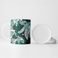 Monstera Plumeria Flowers Teal Ceramic Mug Polynesian Pattern