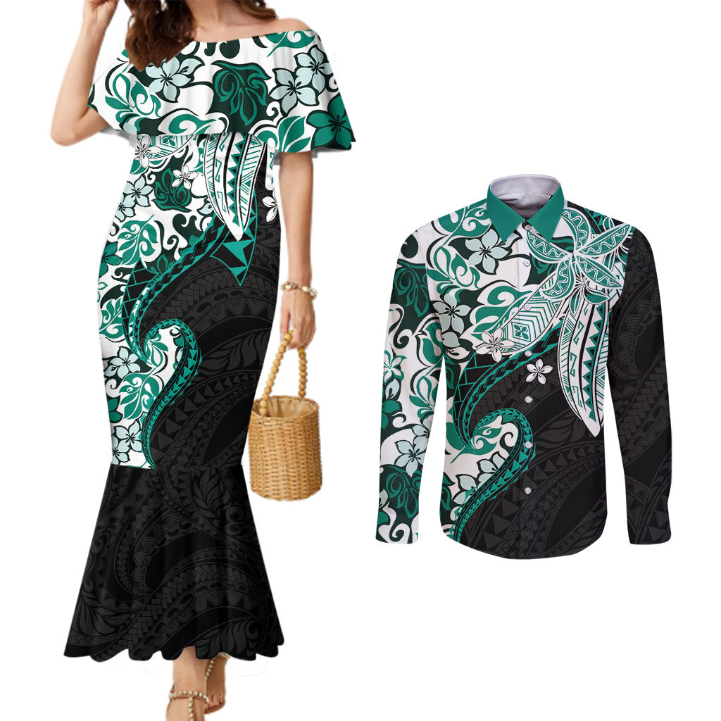 Monstera Plumeria Flowers Teal Couples Matching Mermaid Dress and Long Sleeve Button Shirt Polynesian Pattern