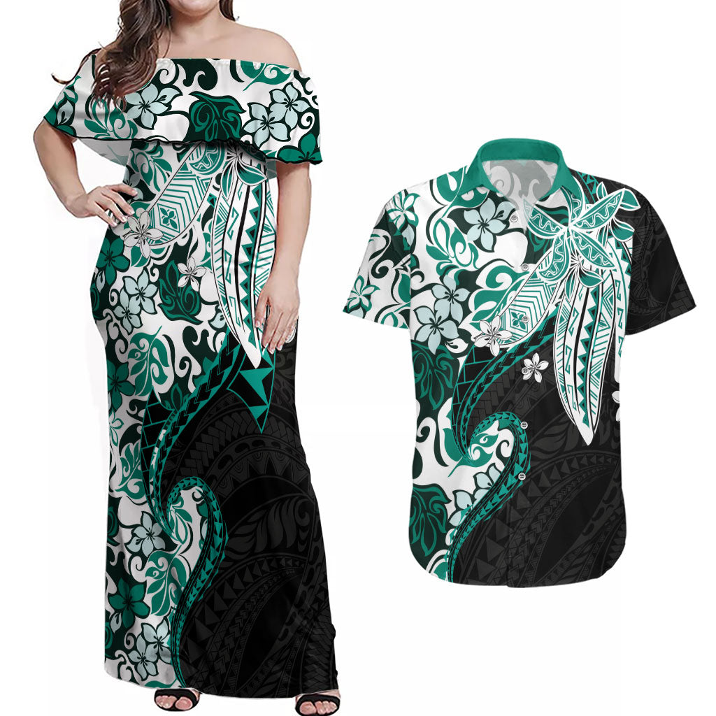 Monstera Plumeria Flowers Teal Couples Matching Off Shoulder Maxi Dress and Hawaiian Shirt Polynesian Pattern