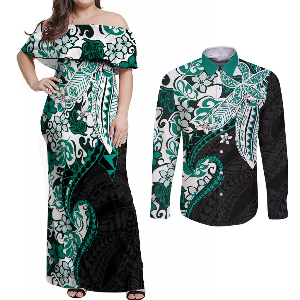 Monstera Plumeria Flowers Teal Couples Matching Off Shoulder Maxi Dress and Long Sleeve Button Shirt Polynesian Pattern