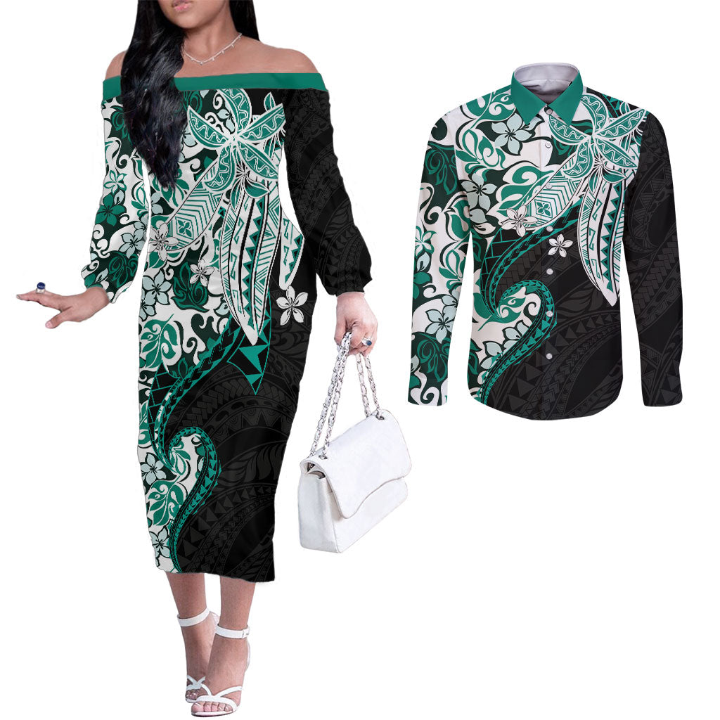 Monstera Plumeria Flowers Teal Couples Matching Off The Shoulder Long Sleeve Dress and Long Sleeve Button Shirt Polynesian Pattern