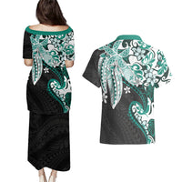 Monstera Plumeria Flowers Teal Couples Matching Puletasi and Hawaiian Shirt Polynesian Pattern